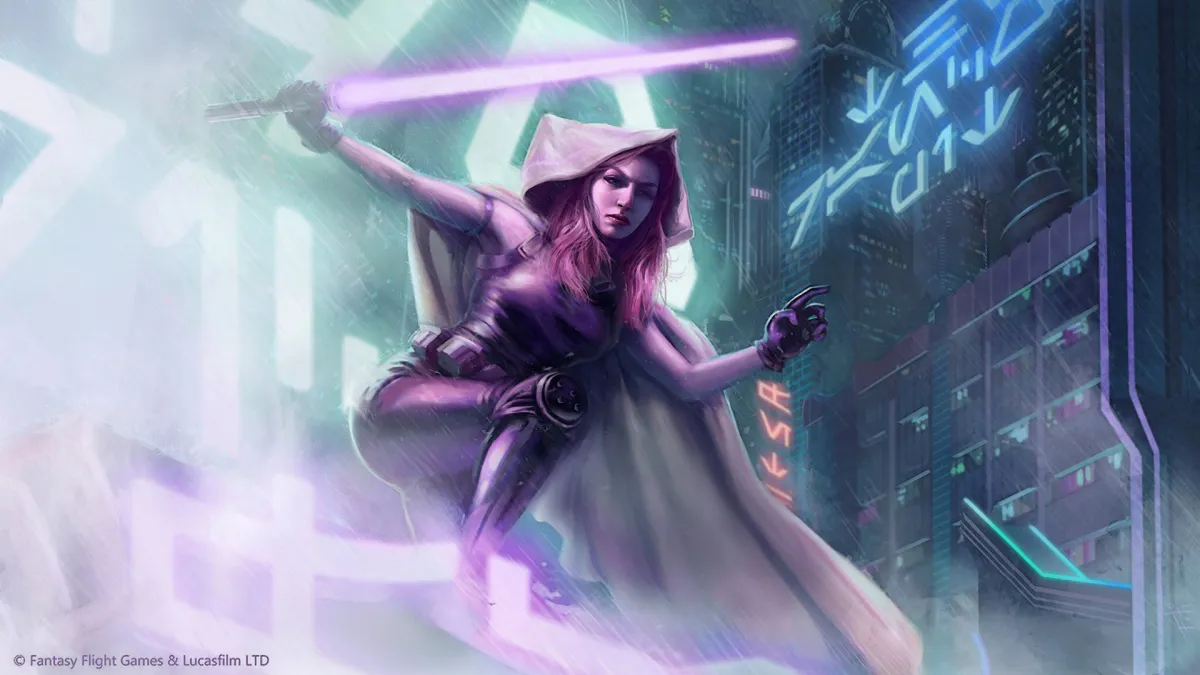 Mara Jade in a white cloak jumping off of a building with her purple lightsaber. It is raining and she has a giant neon sign behind her