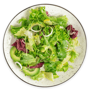 A fresh and colorful salad on a white plate, featuring mixed greens, sliced avocado, red and green lettuce, and thinly sliced onions, is perfect for your wellness journey.