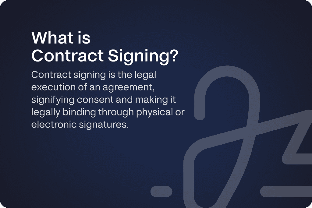 Image with dark blue background explaining the definition of contract signing, <a href=