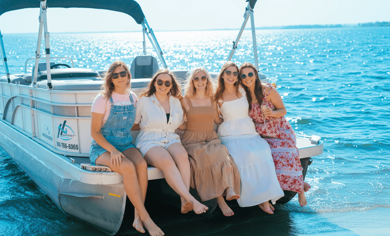 A group of five people sitting together on the edge of a boat, enjoying a sunny day on the open water with a clear blue sky and sparkling waves in the background.