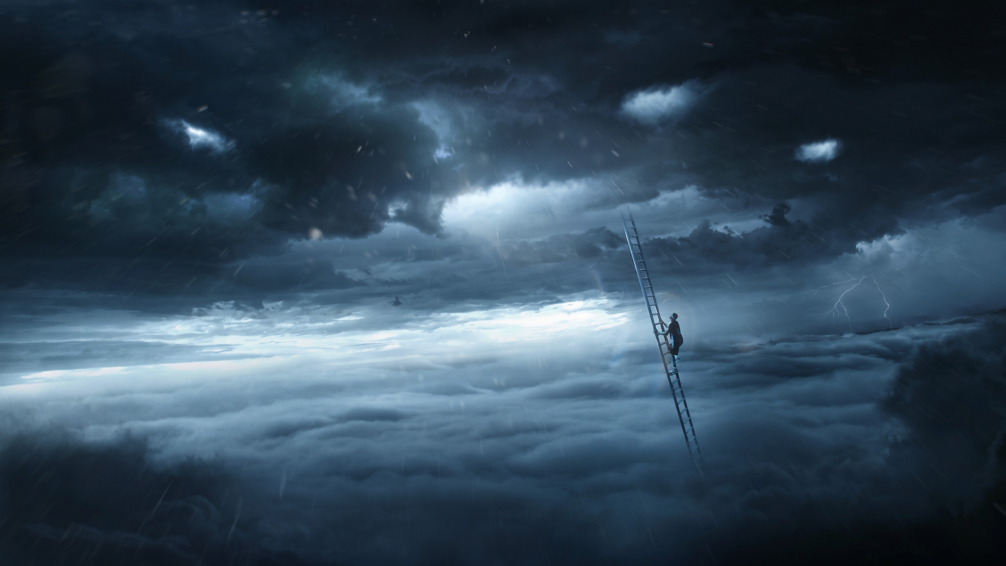 Powerade concept art: a figure climbing a ladder through storm clouds and lightning.