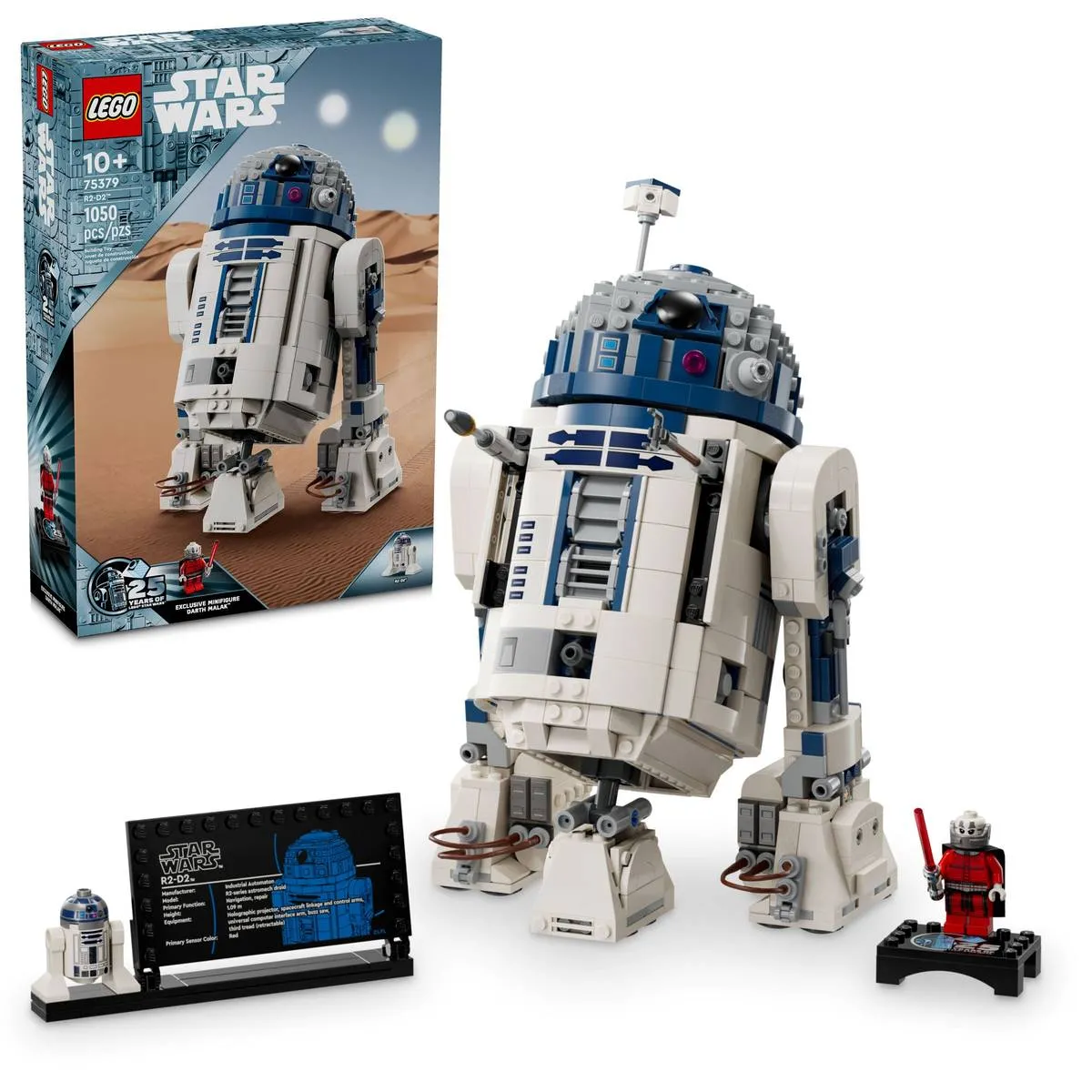 This image shows a detailed LEGO set of the iconic Star Wars character R2-D2, featuring the assembled model alongside the box packaging and two mini-figures on display, perfect for fans of Star Wars and LEGO building kits.