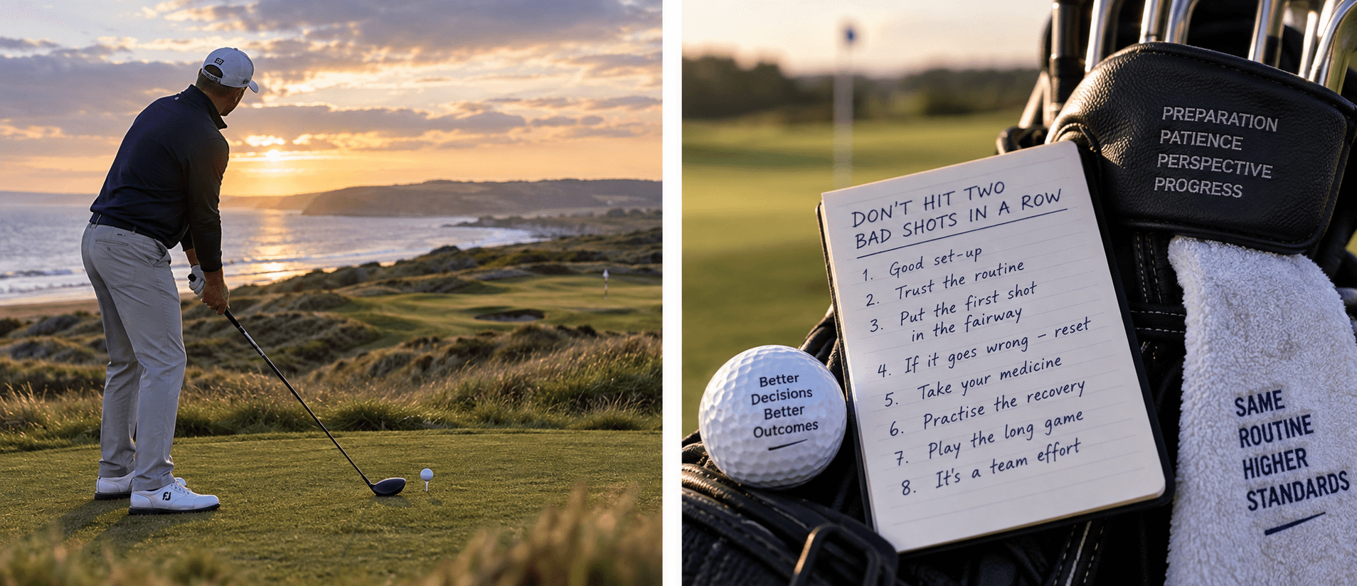 Golfer on a links course alongside golf equipment and a handwritten list of lessons about preparation, recovery and decision-making