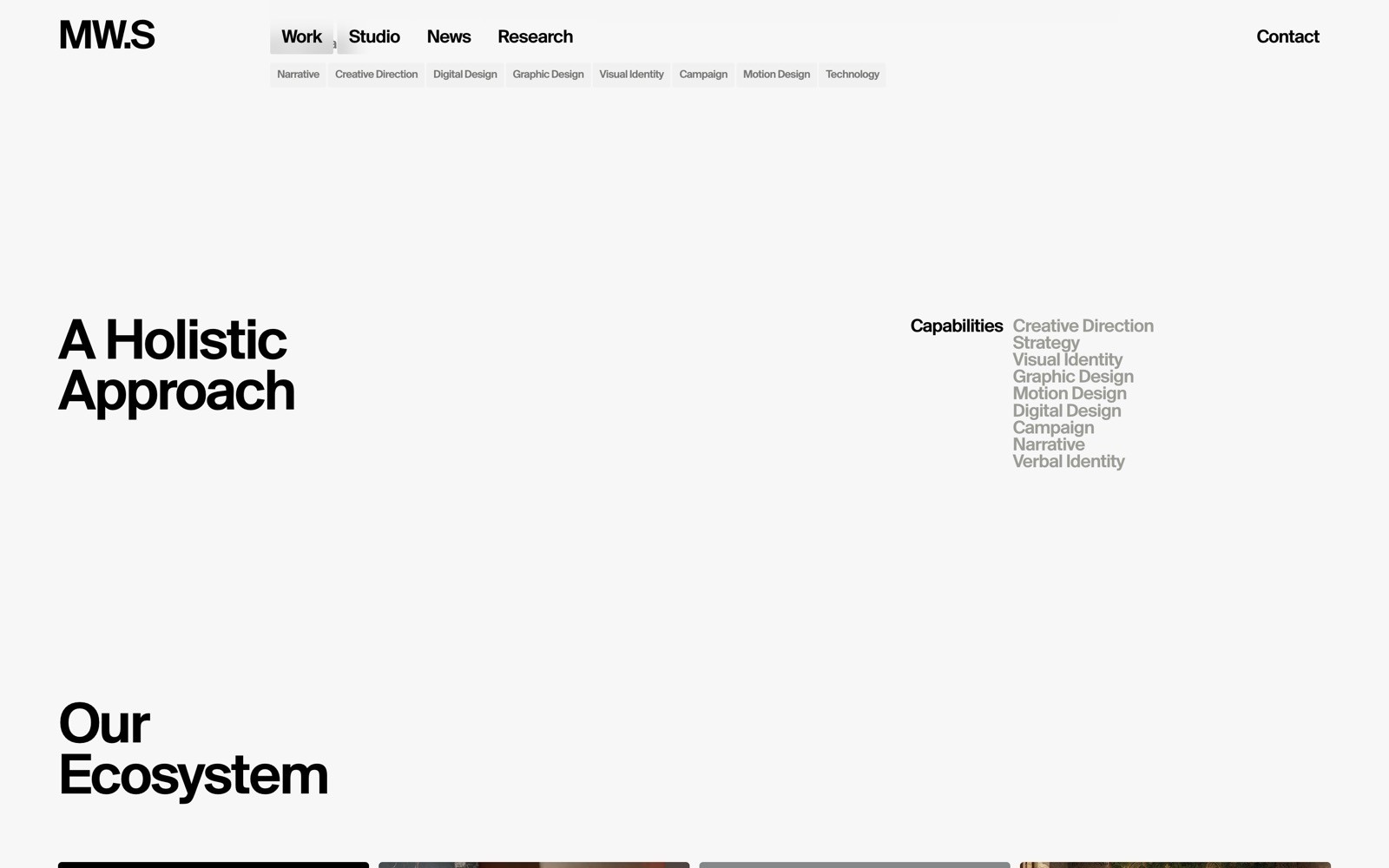 A minimalist website with text "A Holistic Approach" and capabilities list including Creative Direction and Motion Design.