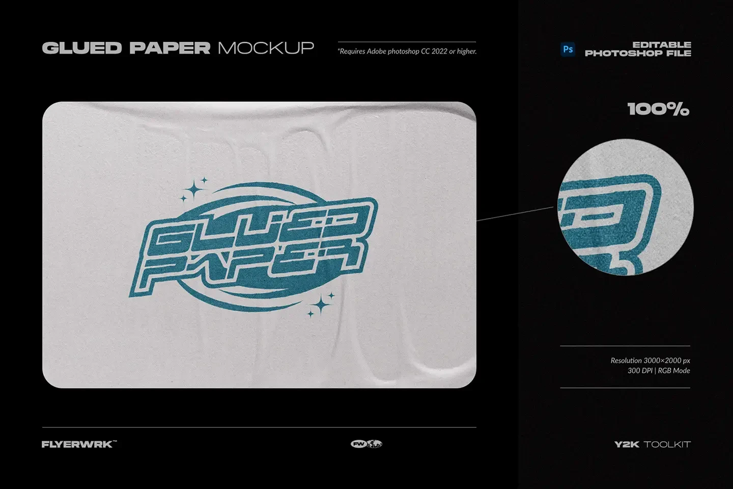 Y2K Toolkit glued paper Photoshop mockup with retro futuristic logo design