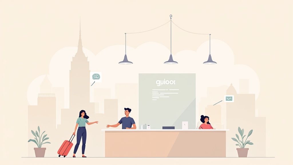 Illustration of a guest checking into a modern hotel lobby, interacting with friendly reception staff.