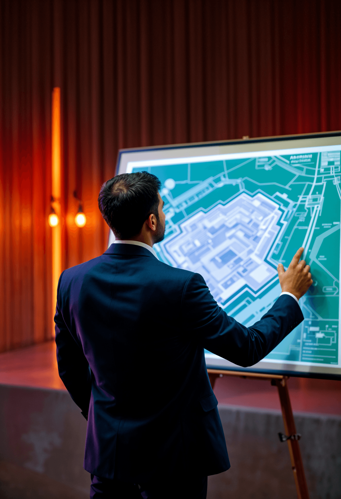 A man in a suit analyzing a detailed architectural map on a large board in a professional setting.