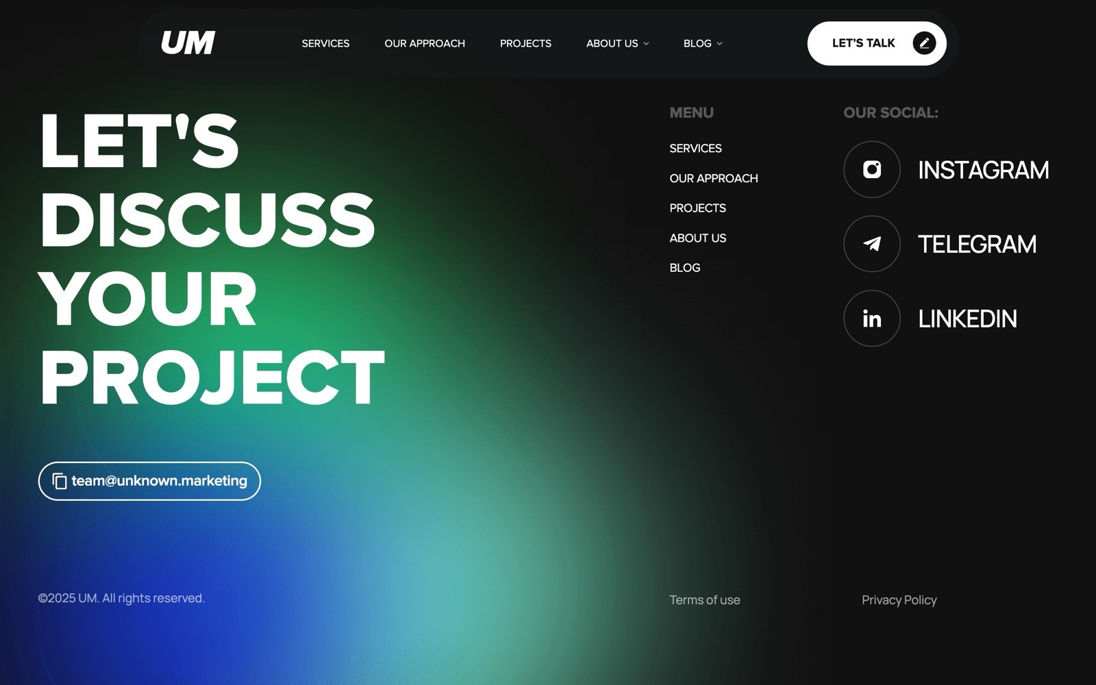 LET'S DISCUSS YOUR PROJECT in large white text on a green-blue gradient. Contact: team@unknown.marketing. Menu and social links on the right.