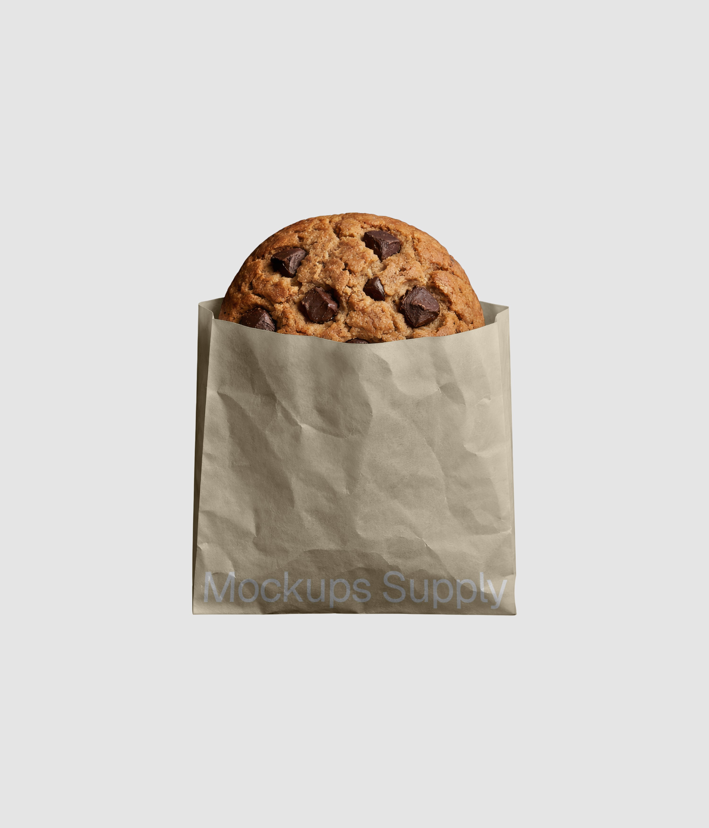 Chocolate chip cookie packaging mockup PSD showing dessert branding presentation in paper bag