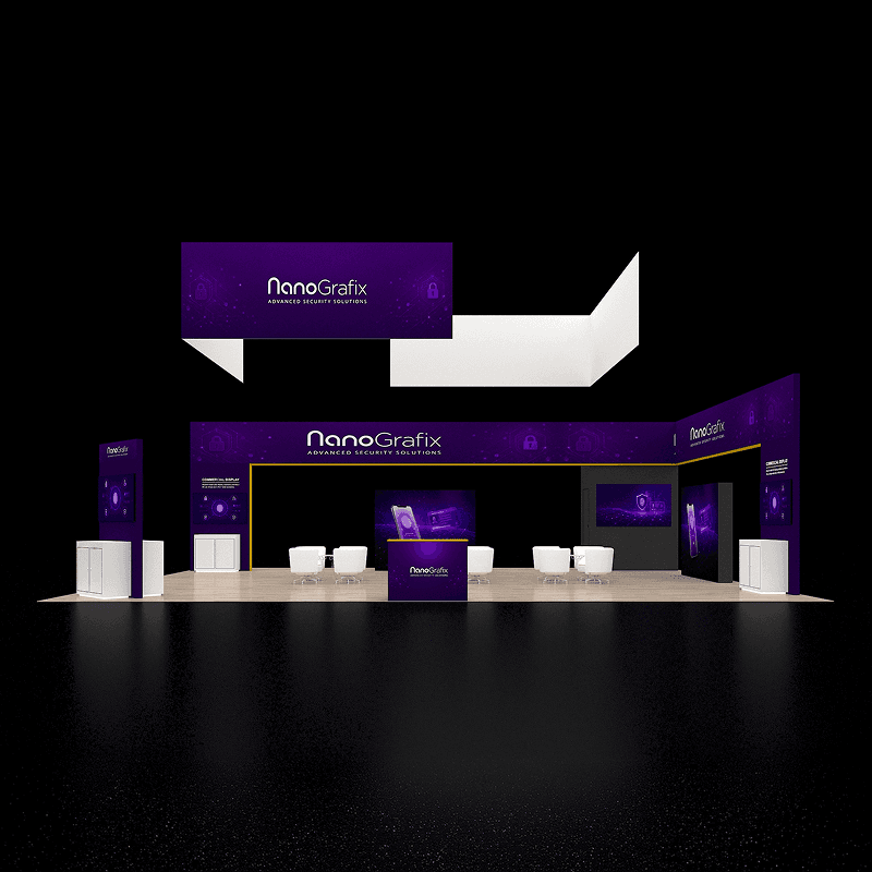 30x40 security demo booth rental with multiple screens and overhead branding