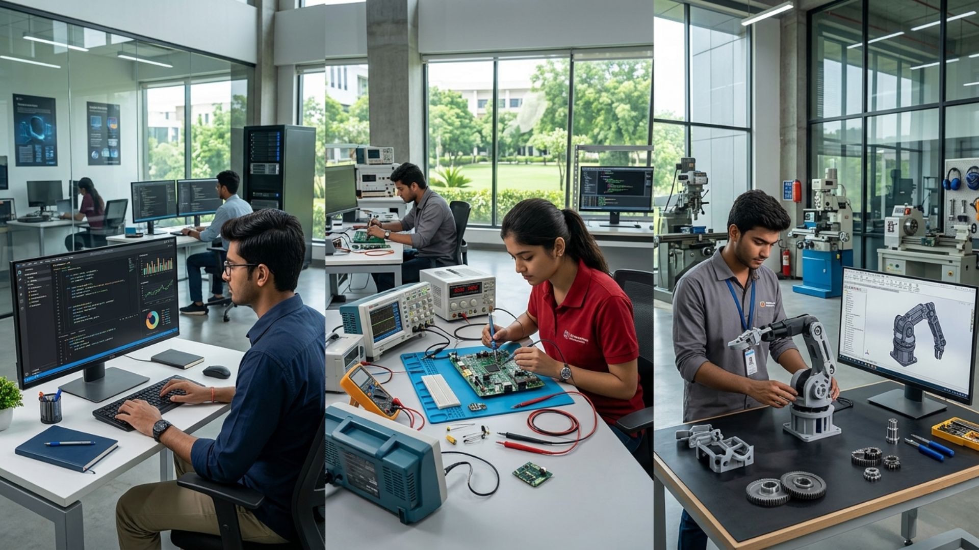 Students working in a modern engineering lab, showing software, electronics, and robotics projects related to which engineering branch has future jobs.