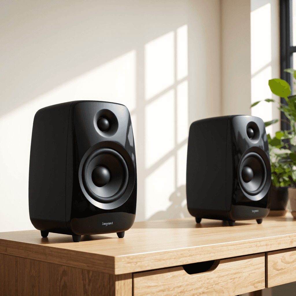 product photography of a pair of desktop speakers designed for audio playback