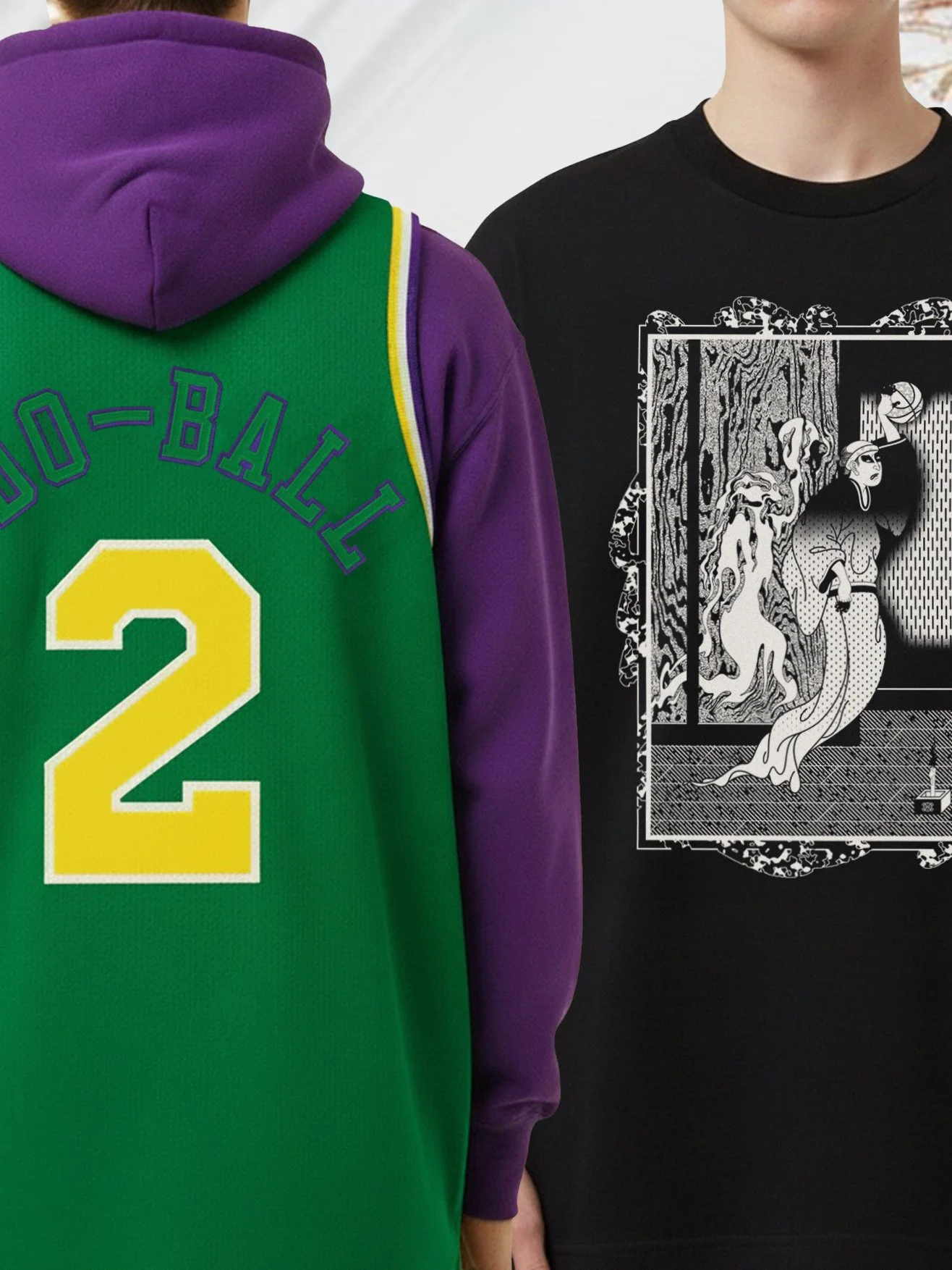 Basketball apparel featuring custom illustrated jersey and graphic streetwear inspired by Japanese art.
