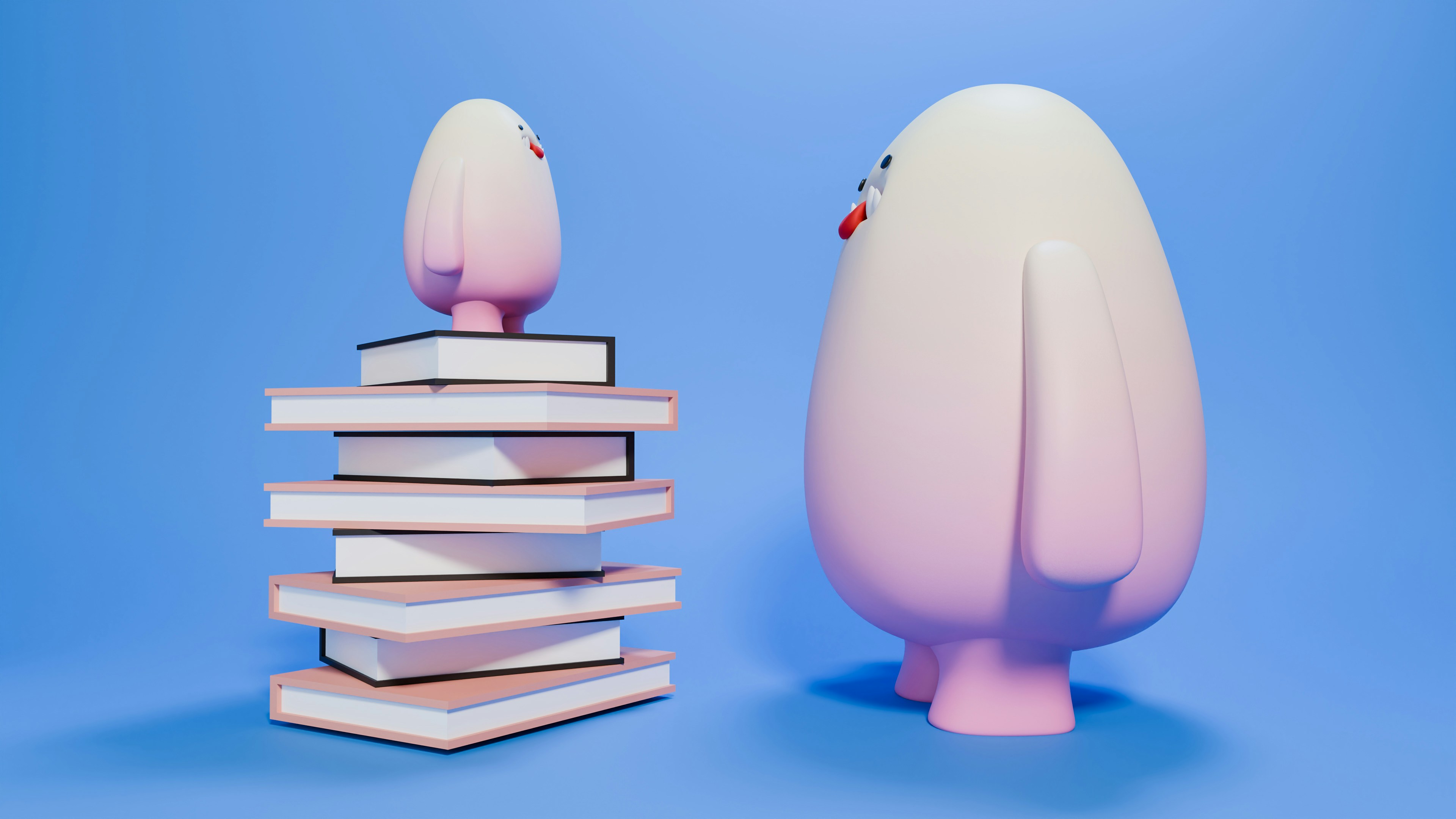 3D illustration of a parent and child. Child is standing on a stack of books.