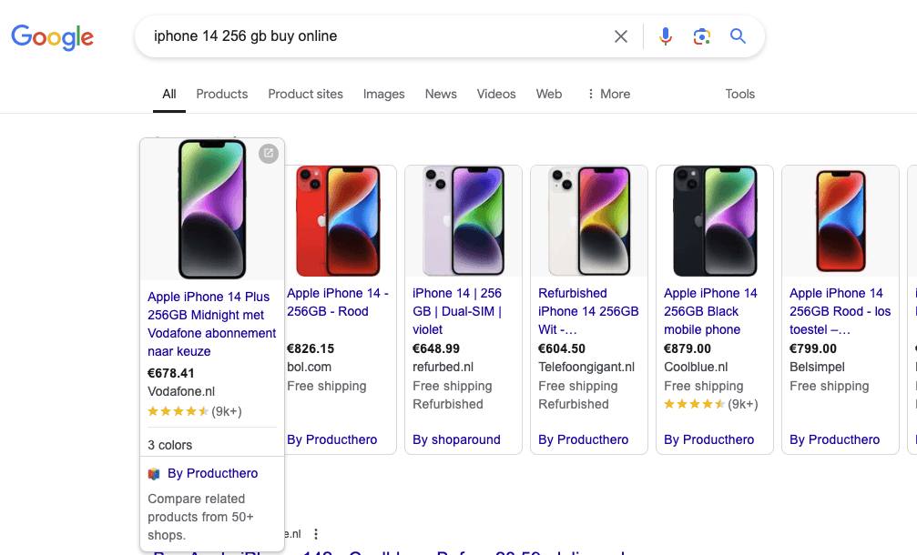 Google-Shopping-Ergebnisse für iPhone 14 256 GB mit Sternebewertungen aus einem Produktbewertungs-Feed