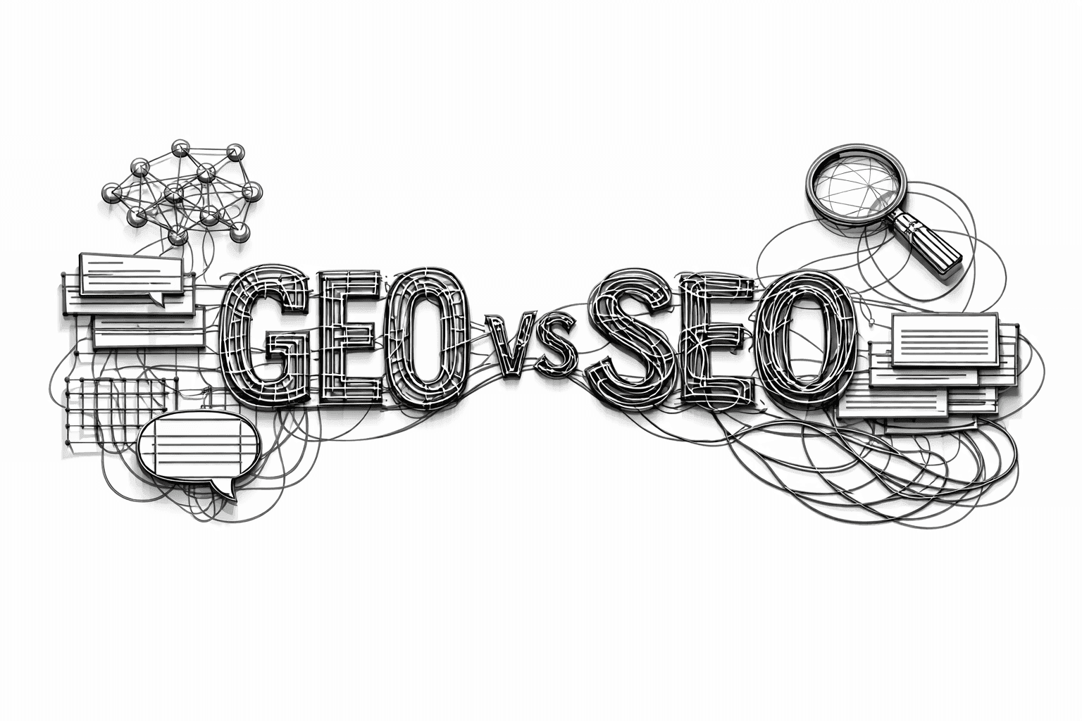 Ilustração digital em preto e branco com fundo branco, mostrando o texto “GEO vs SEO” formado por fios entrelaçados. À esquerda, os fios criam formas orgânicas como lupas e caminhos de busca, representando SEO tradicional. À direita, os fios se organizam em blocos estruturados, nós semânticos e balões de resposta, simbolizando GEO. A composição minimalista e futurista destaca o contraste e a evolução entre os dois conceitos.