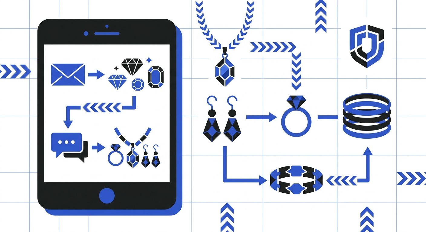 A clean, modern flat-lay of elegant jewelry pieces beside a smartphone displaying an SMS marketing message about a new collec
