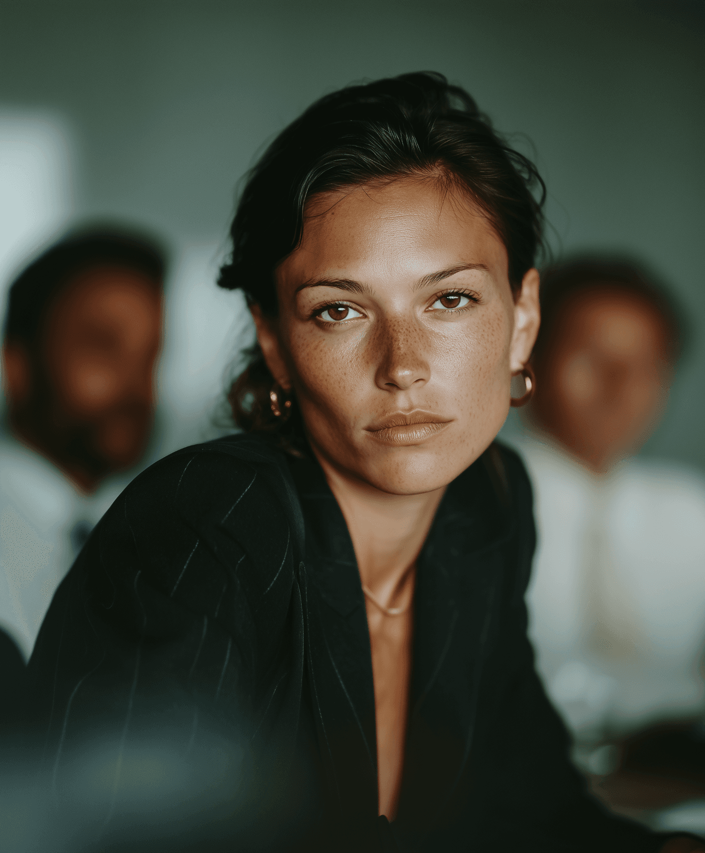 Confident woman in a black blazer with gold accessories, seated in a professional setting with blurred colleagues in the background.