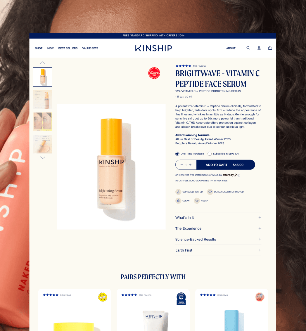 Shopify product detail page for Kinship skincare product with ingredient information and purchase options