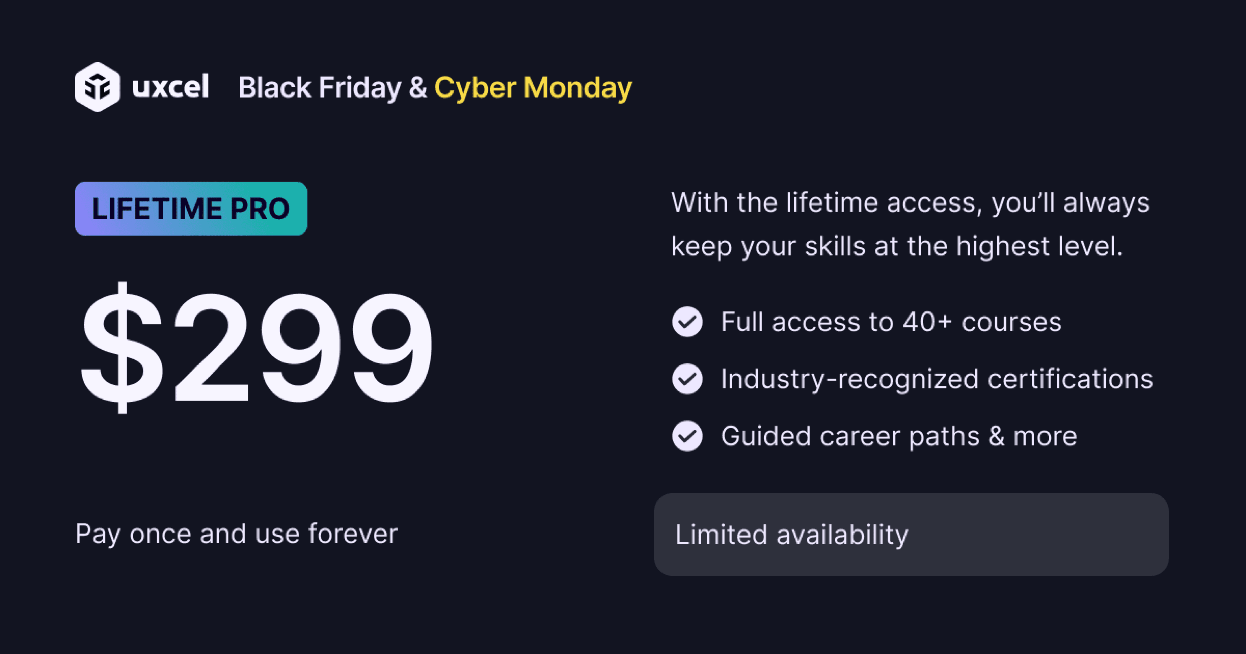 Uxcel Black Friday and Cyber Monday promotion showing a “Lifetime Pro” deal for $299 with the tagline “Pay once and use forever.” Benefits listed include full access to 40+ courses, industry-recognized certifications, and guided career paths. A “Limited availability” note appears below.
