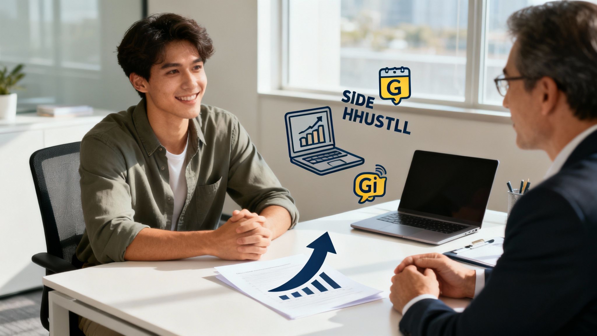A person working on a laptop at a cafe, with a notepad and coffee, looking determined and focused on increasing their income streams.