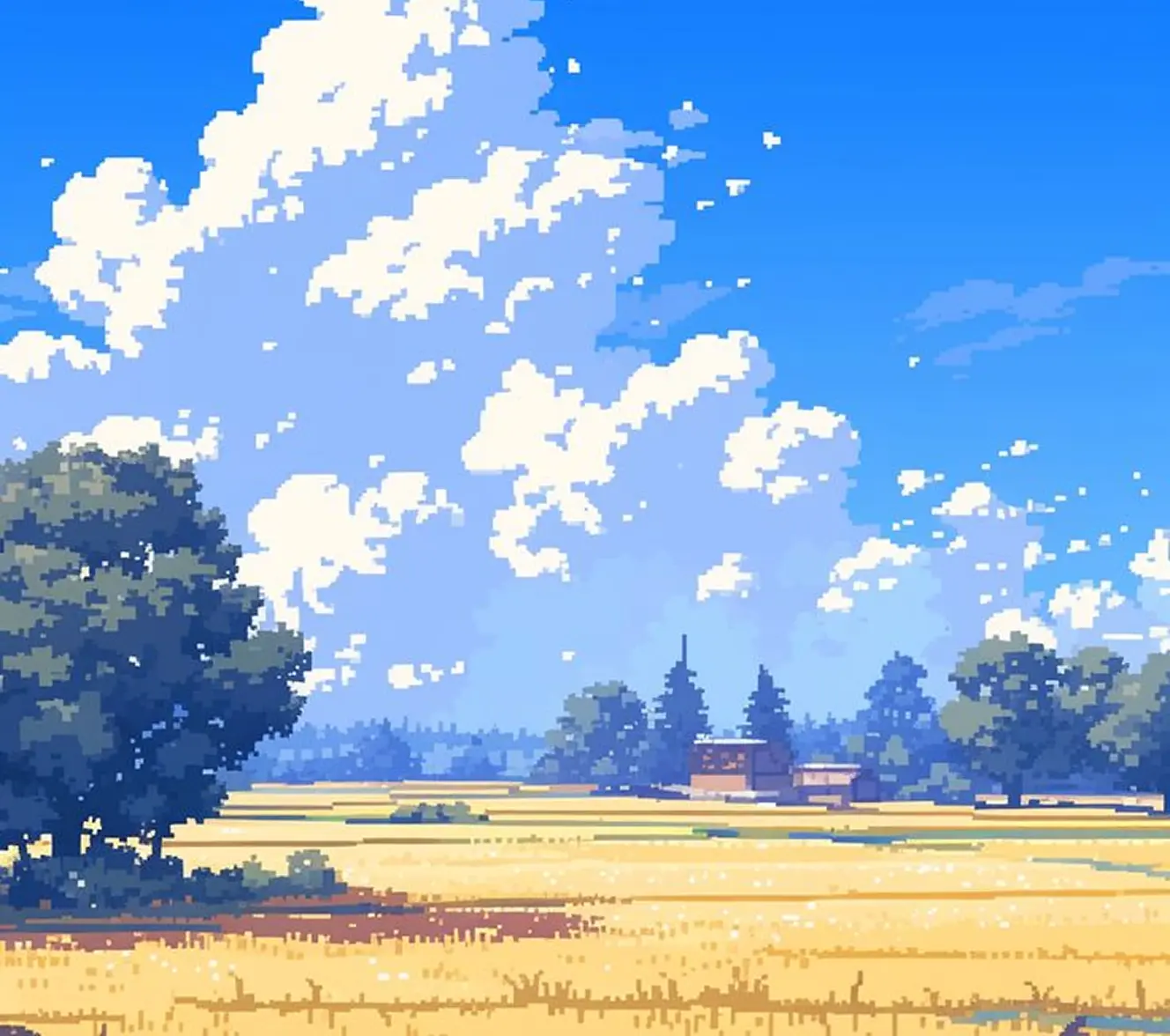 Pixel art landscape of golden wheat fields, red trees, and small rural cottages under a bright blue sky.
