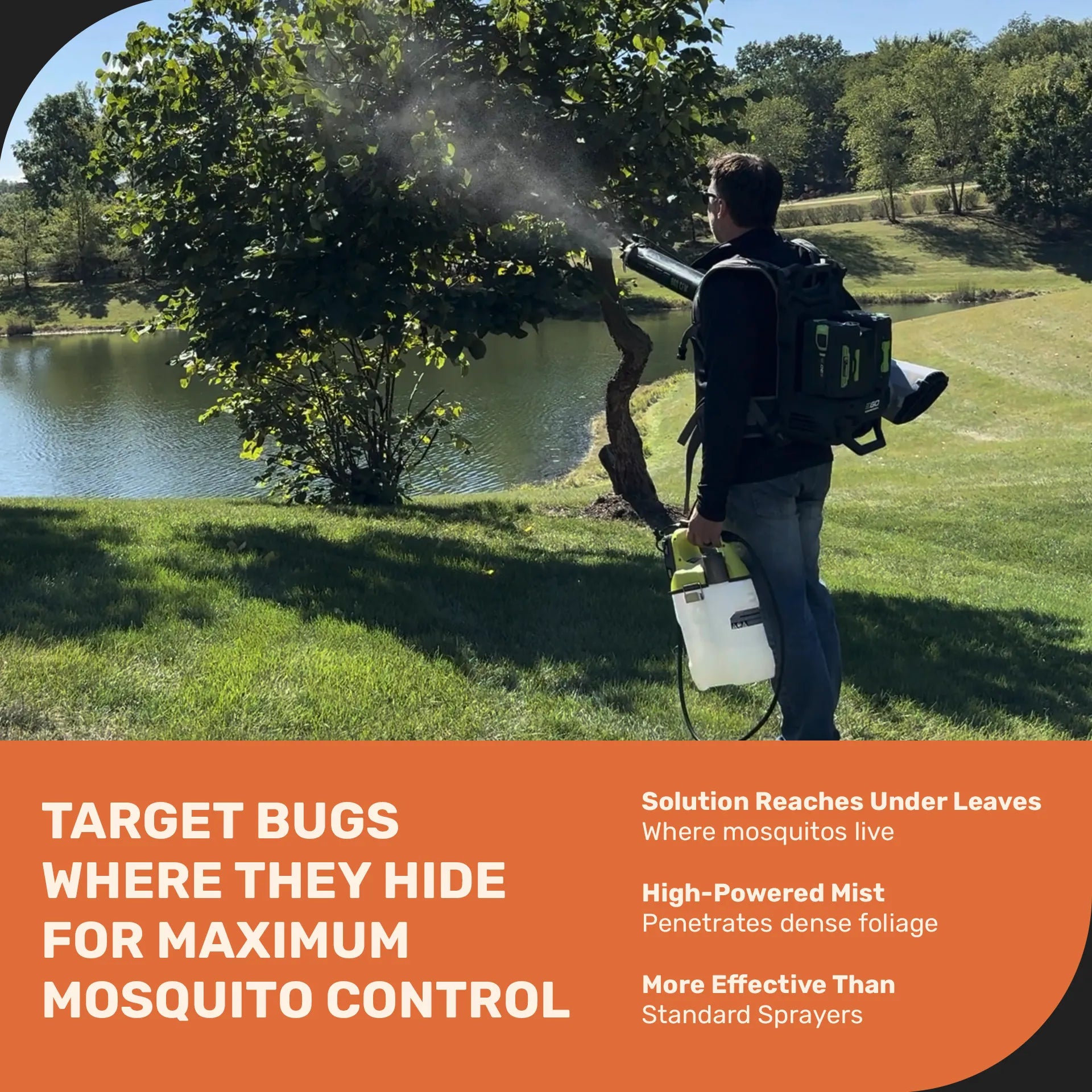 Person using a backpack sprayer to control mosquitoes in a grassy area with trees and water in the background.