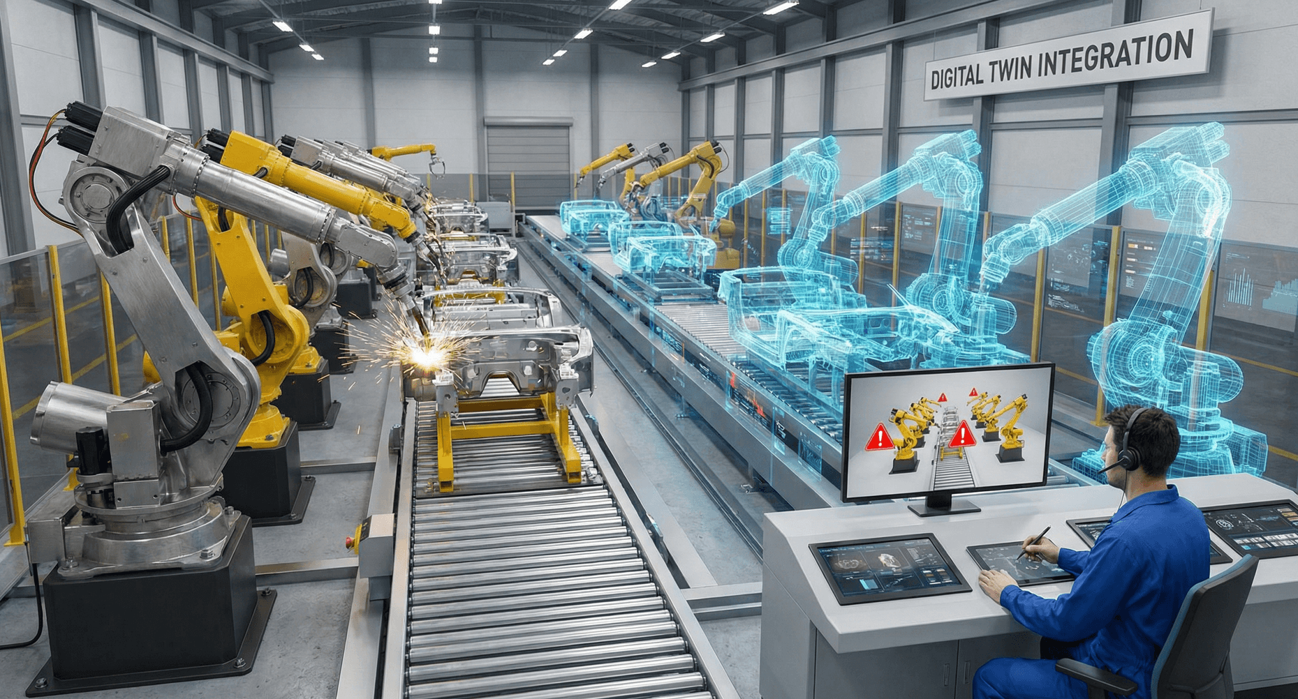 A man stands while two people sit at a table in an office setting, smiling and engaged in conversation. The mood is friendly and collaborative.