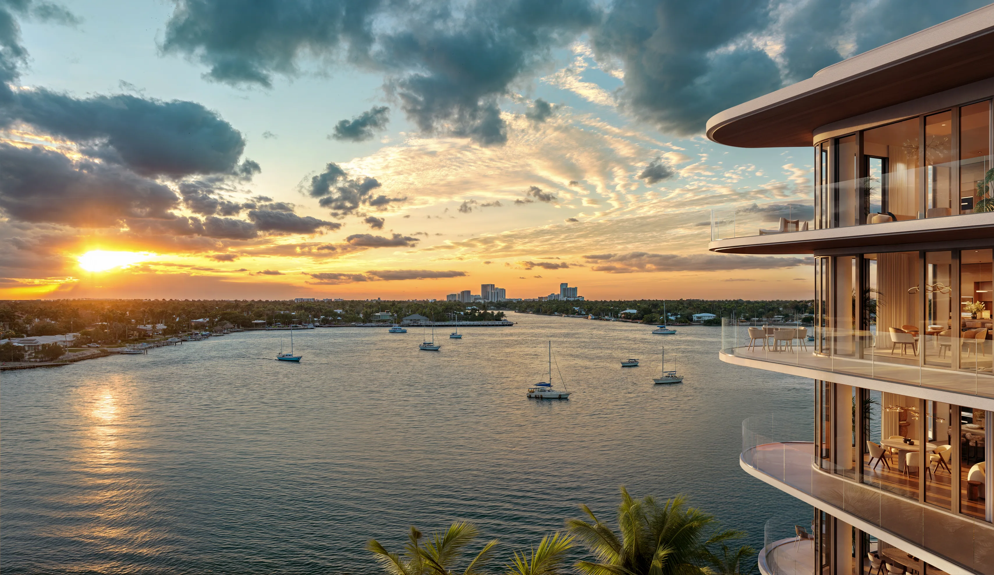 A vibrant sunset casts orange and pink hues over water, with a silhouette of a building in the foreground.