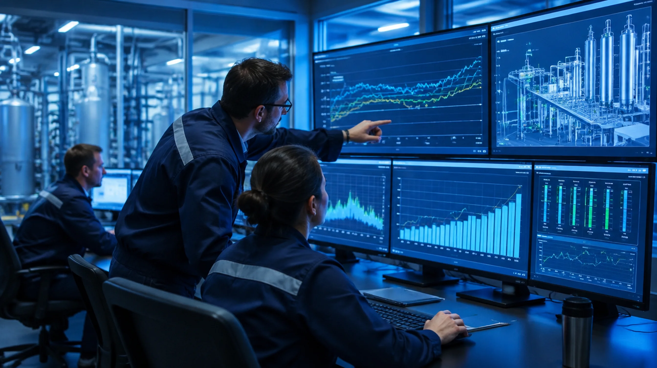 Operators in an industrial control room monitoring electrolyzer power and hydrogen production trends on large screens