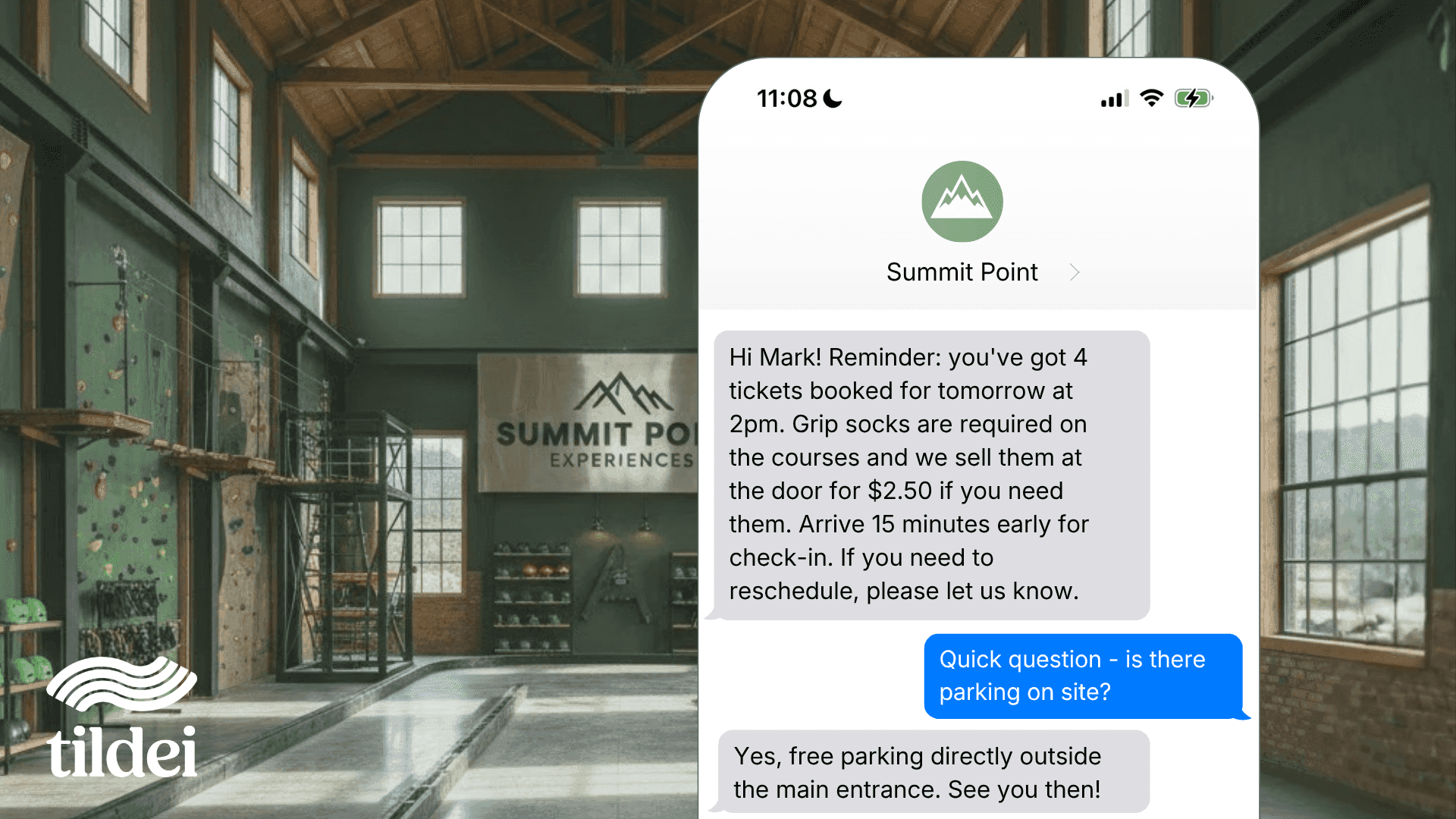 An workflow texts a customer to remind them of their booking and telling them to wear grip socks. The customer asks about parking and Runhappy replies. 