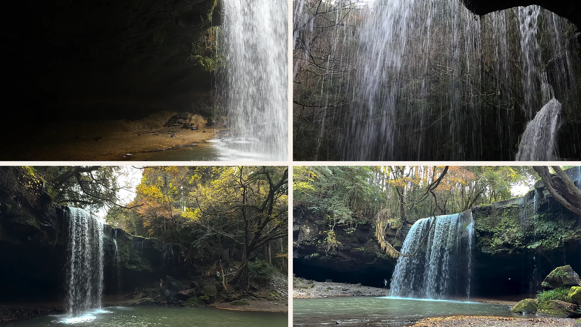 Nabegataki falls near Kurokawa Onsen in four views, including the walk behind the curtain of water
