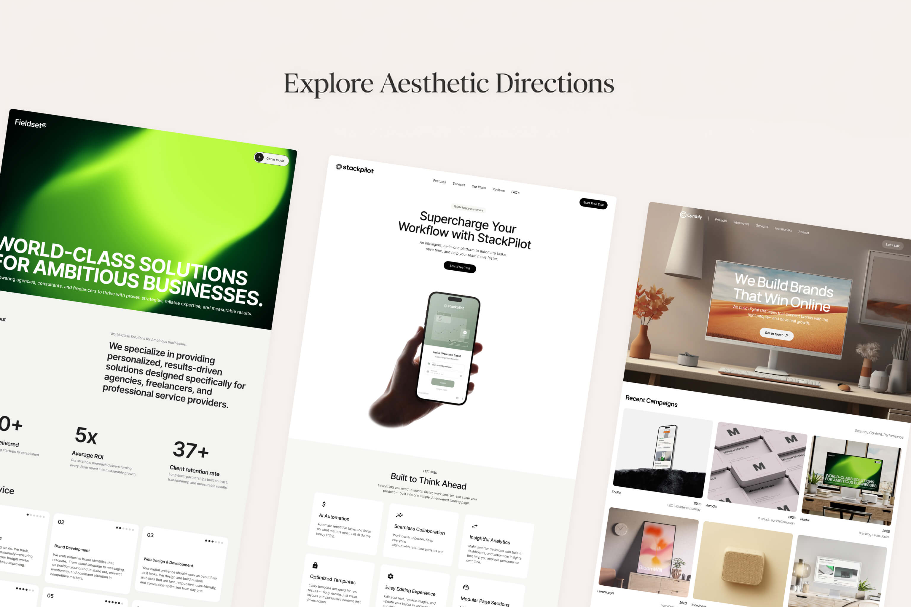 Gallery of six website aesthetic directions: Minimal, Editorial, Bold, Luxury, Playful Refined, Modern Studio