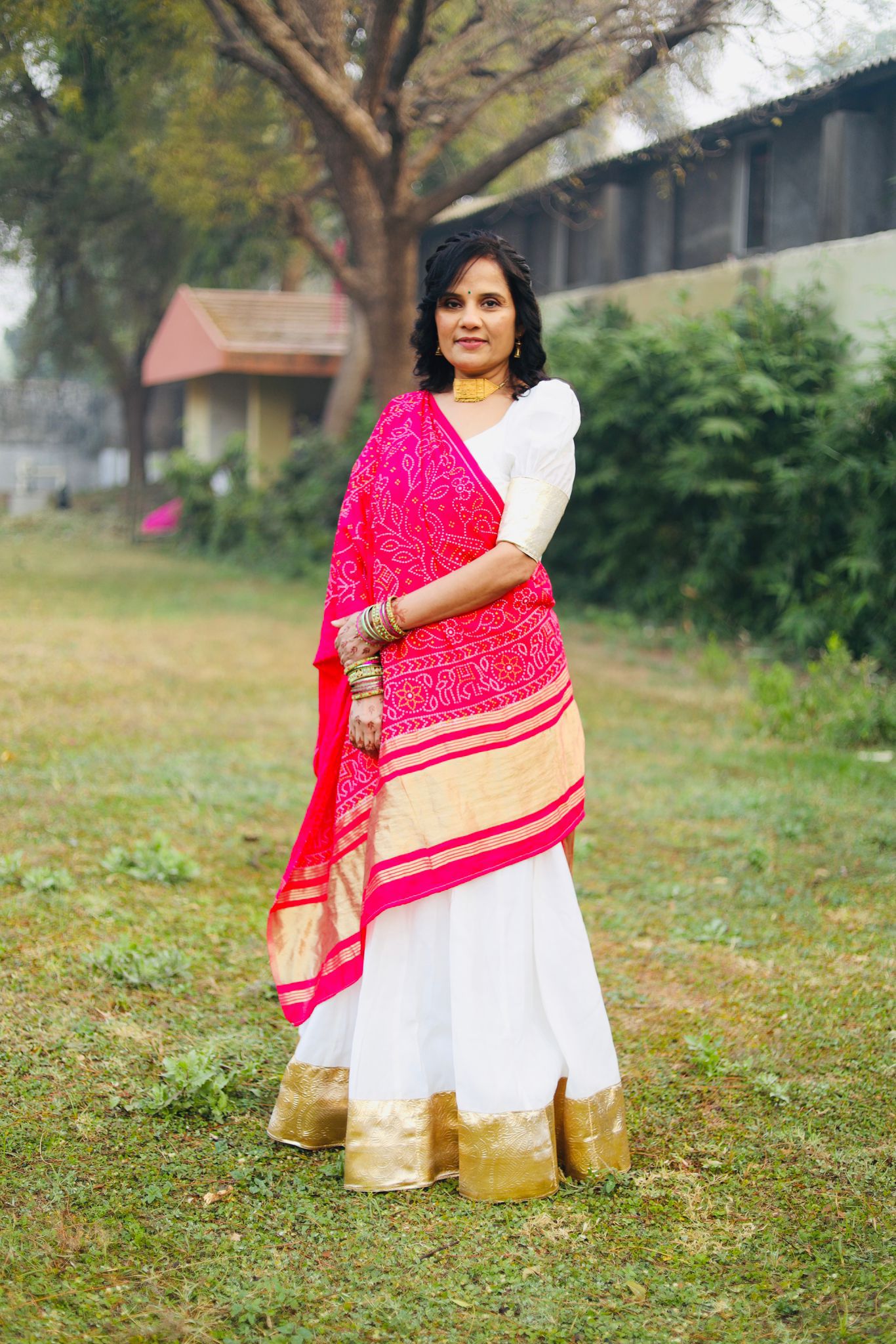 girl in a dark green shirt, after makeup