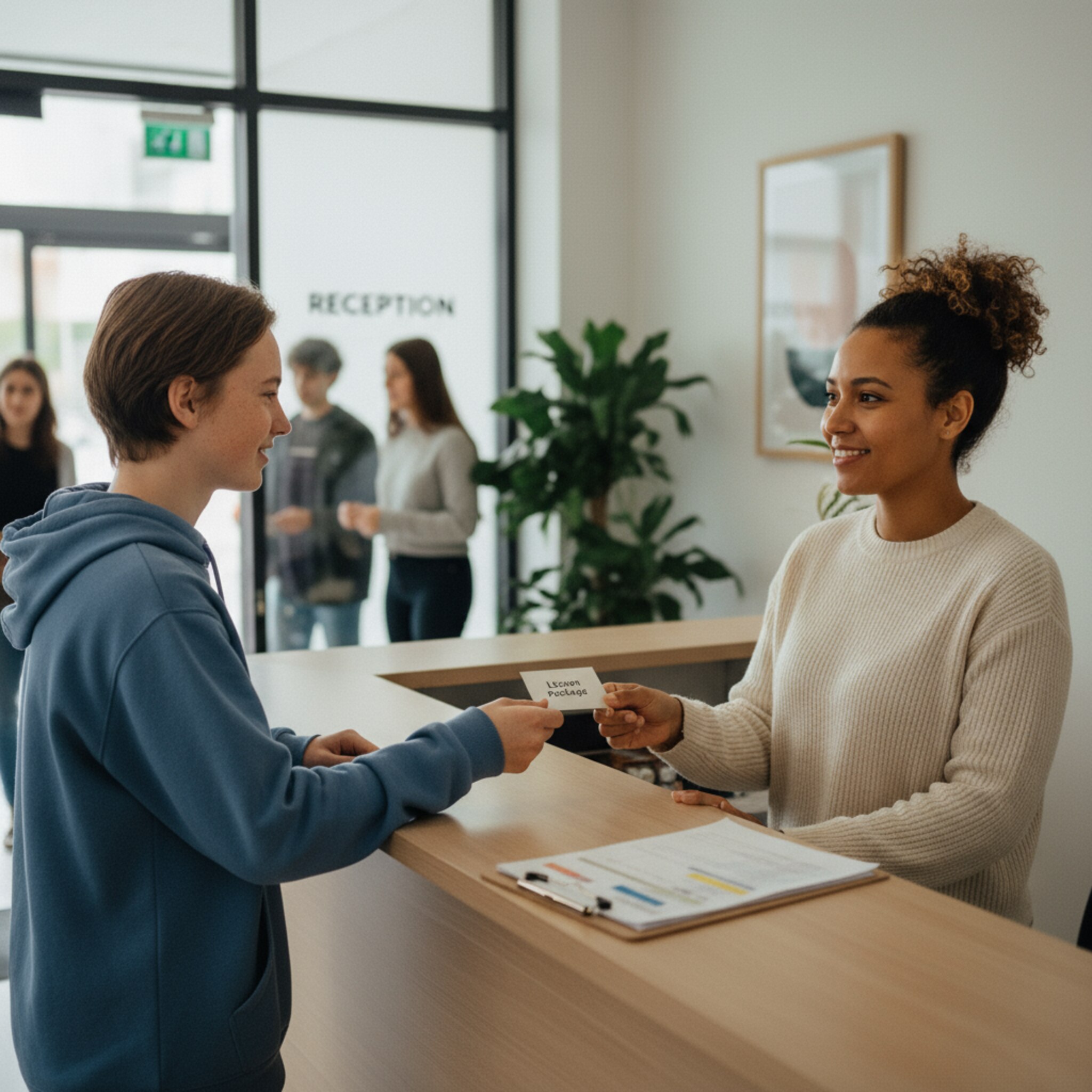 An der Rezeption der Fahrschule überreicht eine Mitarbeiterin einem Schüler eine kleine Karte mit der Aufschrift für sein Stundenpaket. Daneben liegt ein Ordner mit sauber sortierten Schülernamen. Ein freundliches Lächeln und ein kurzer Händedruck vermitteln Klarheit und Verbindlichkeit.