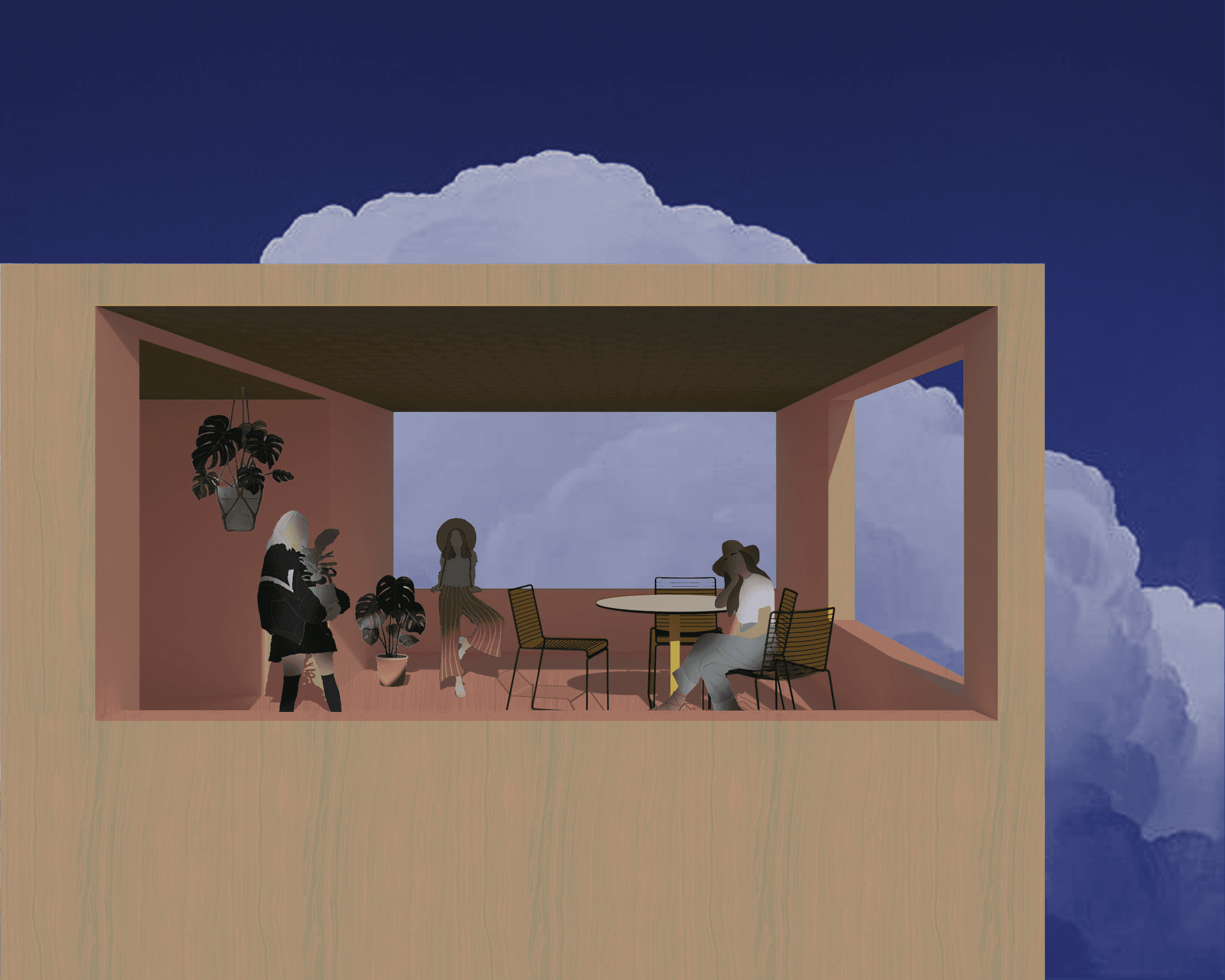 A painting of people sitting at a table in a room, capturing a moment of social interaction and togetherness.
