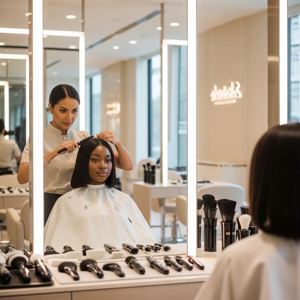 A hairstylist styles a woman's sleek black bob in a bright, modern salon with mirrors and styling tools.