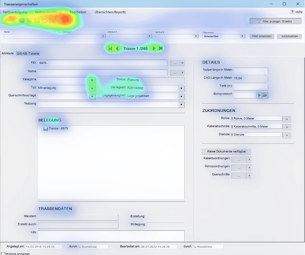 Benutzeroberfläche einer Software mit hervorgehobenen Bereichen durch eine Wärmebilddarstellung, darunter Menüleiste, Trassenauswahl und Statusinformationen.