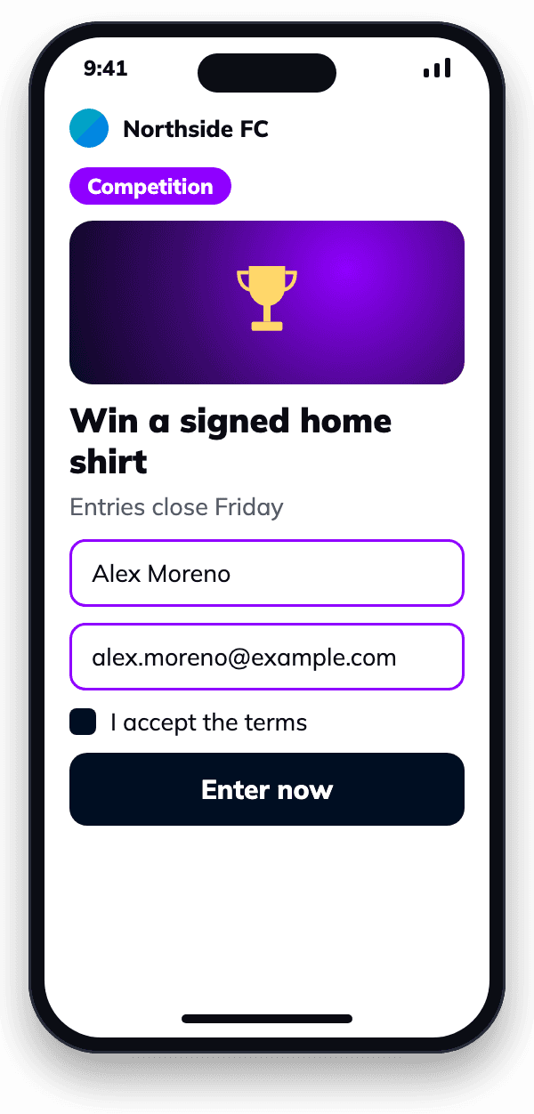 Competition entry form on a phone: win a signed home shirt