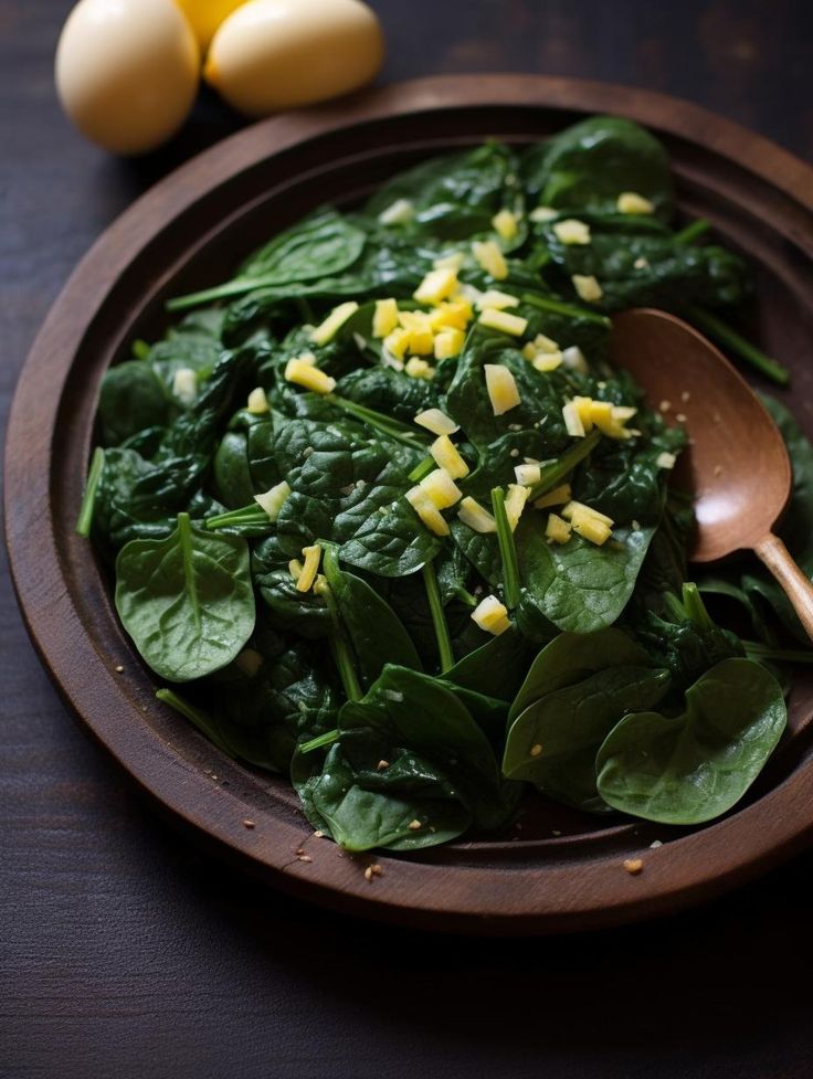 A rustic wooden plate filled with sautéed baby spinach leaves, topped with finely chopped garlic and egg crumble.