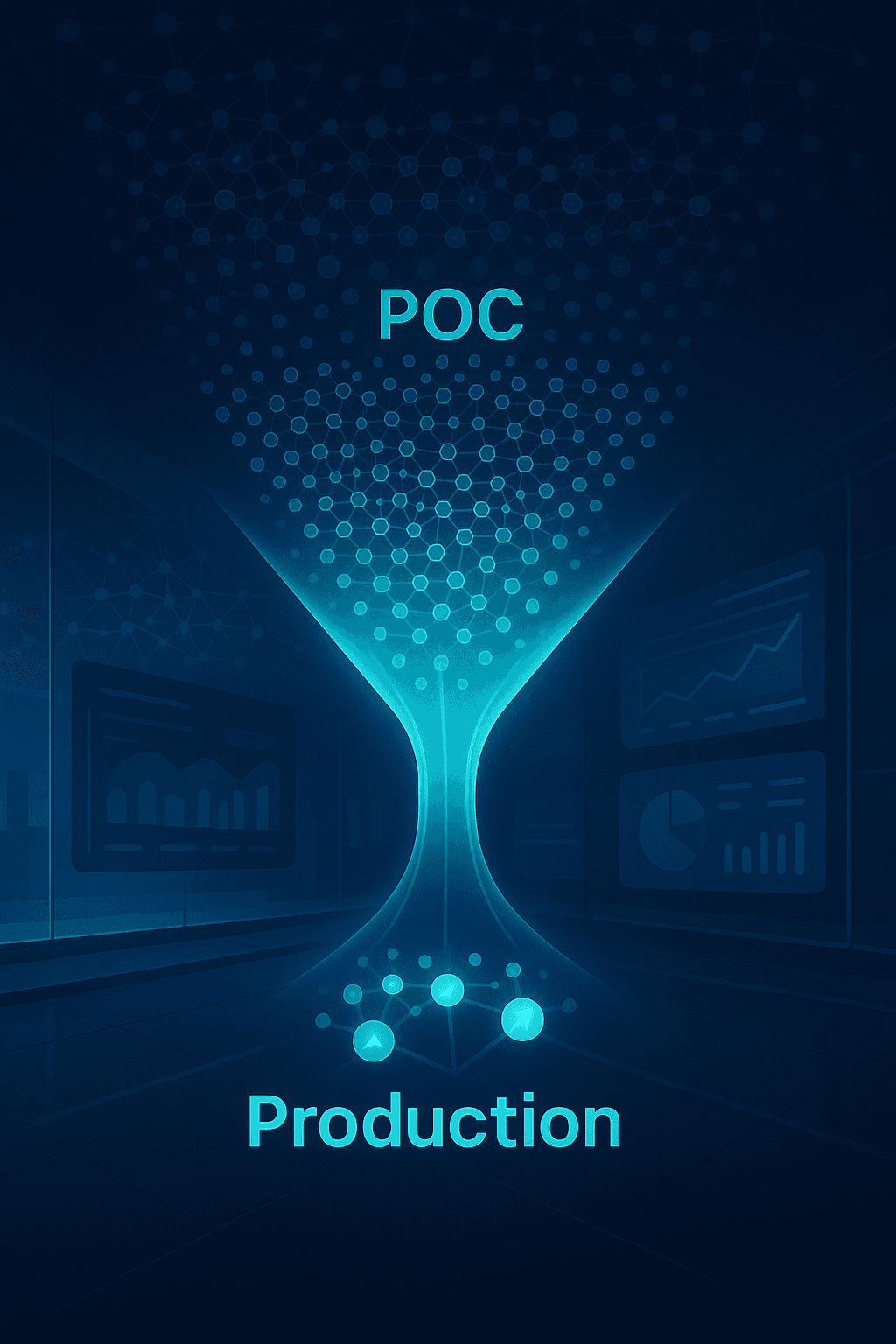 Futuristic data funnel showing how few AI projects succeed from proof of concept to production readiness.