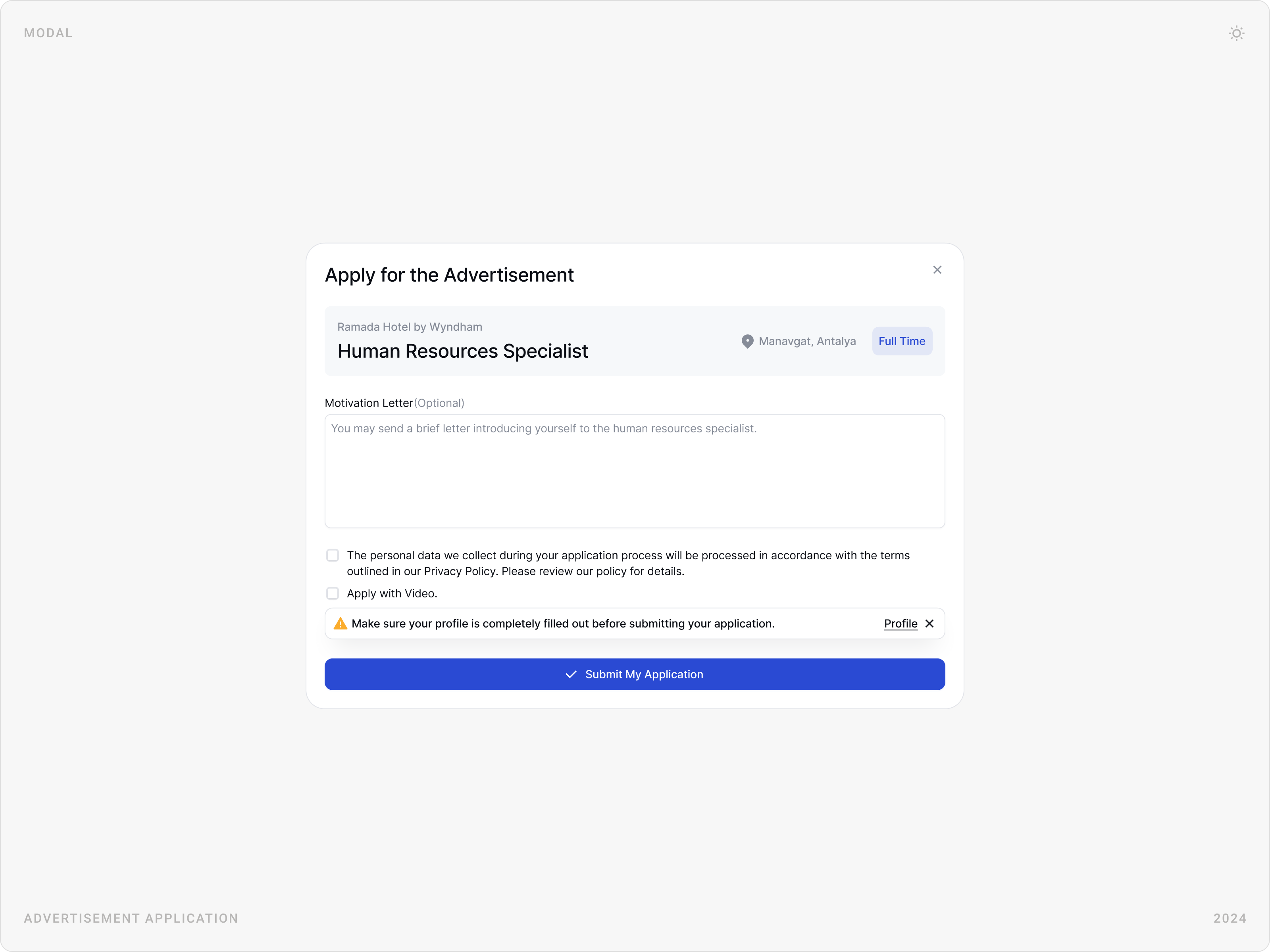 Professional Job Application Modal Design