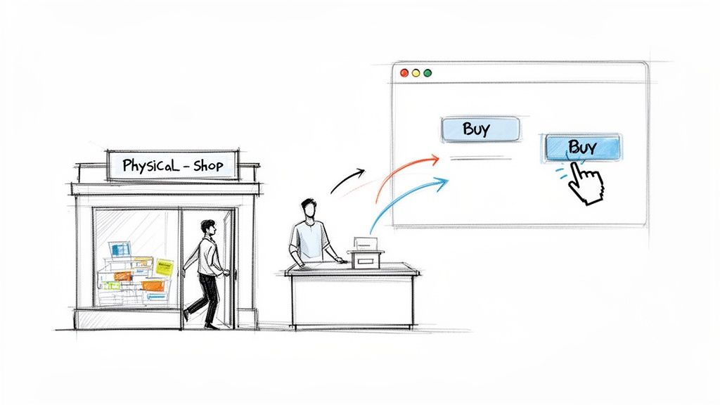 Illustration contrasting physical shop interaction with an online 'Buy' button click, showing buying options.