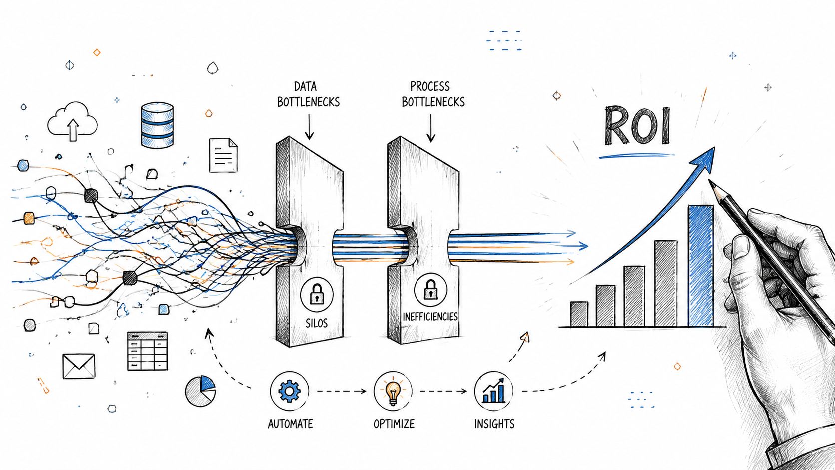 A hand-drawn illustration depicting the transformation of chaotic data into optimized business processes and increasing ROI.