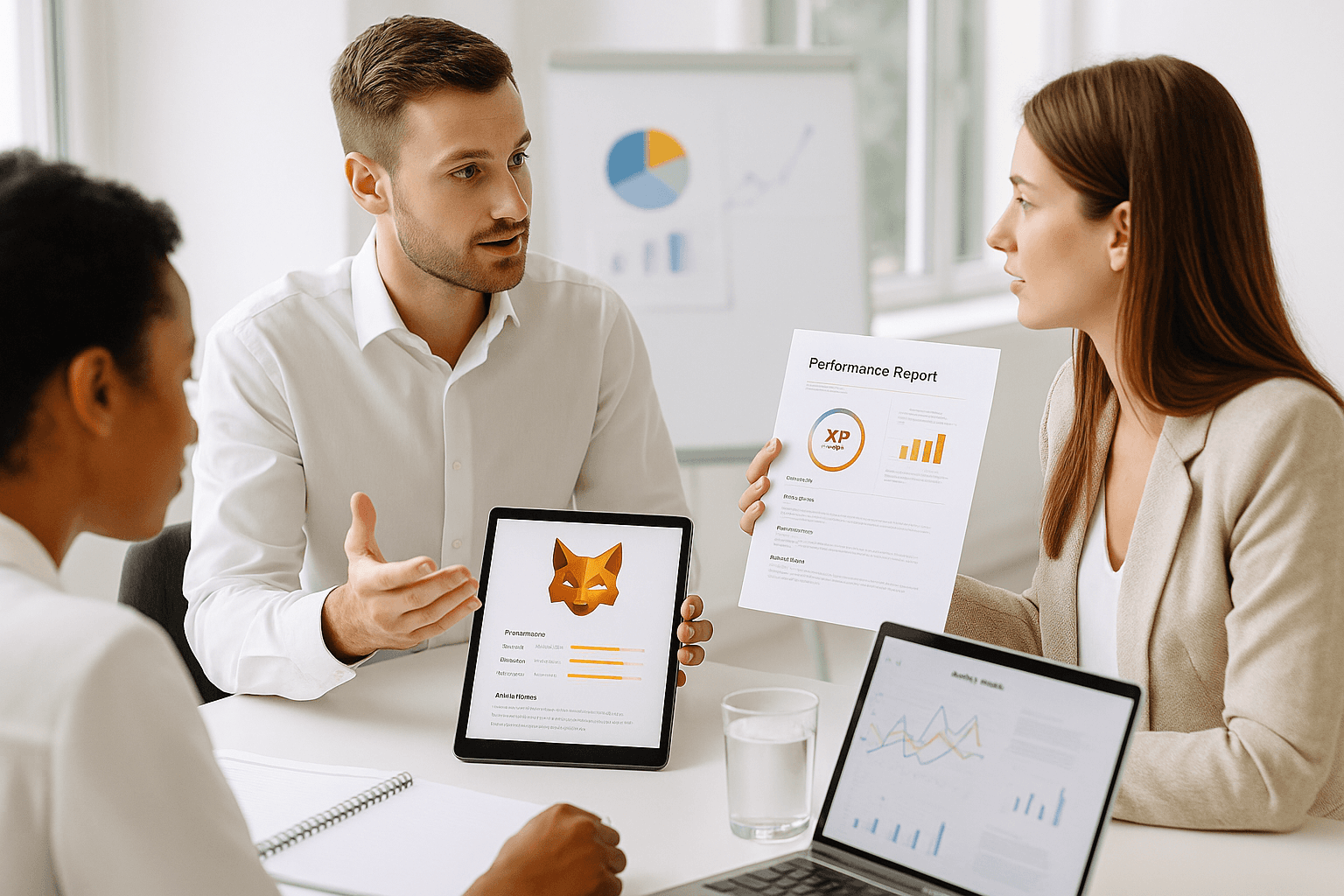woman sitting around table holding tablet