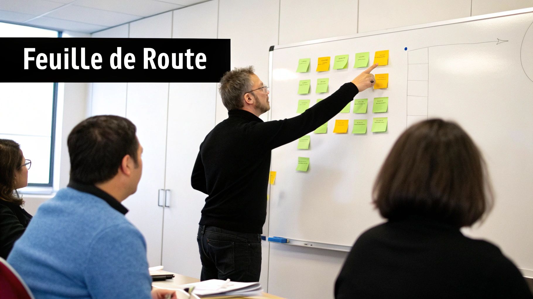Une feuille de route est présentée lors d'une réunion, un homme expliquant les étapes sur un tableau blanc rempli de post-its colorés.