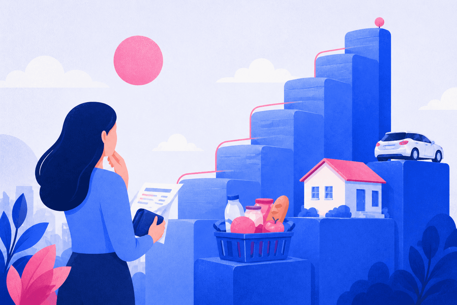 Ilustración de una mujer observando cómo la UF aumenta visualmente en bloques ascendentes, impactando gastos cotidianos como vivienda, transporte y compras del hogar.