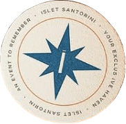 ISLET Santorini branded round coaster featuring a blue compass-style symbol