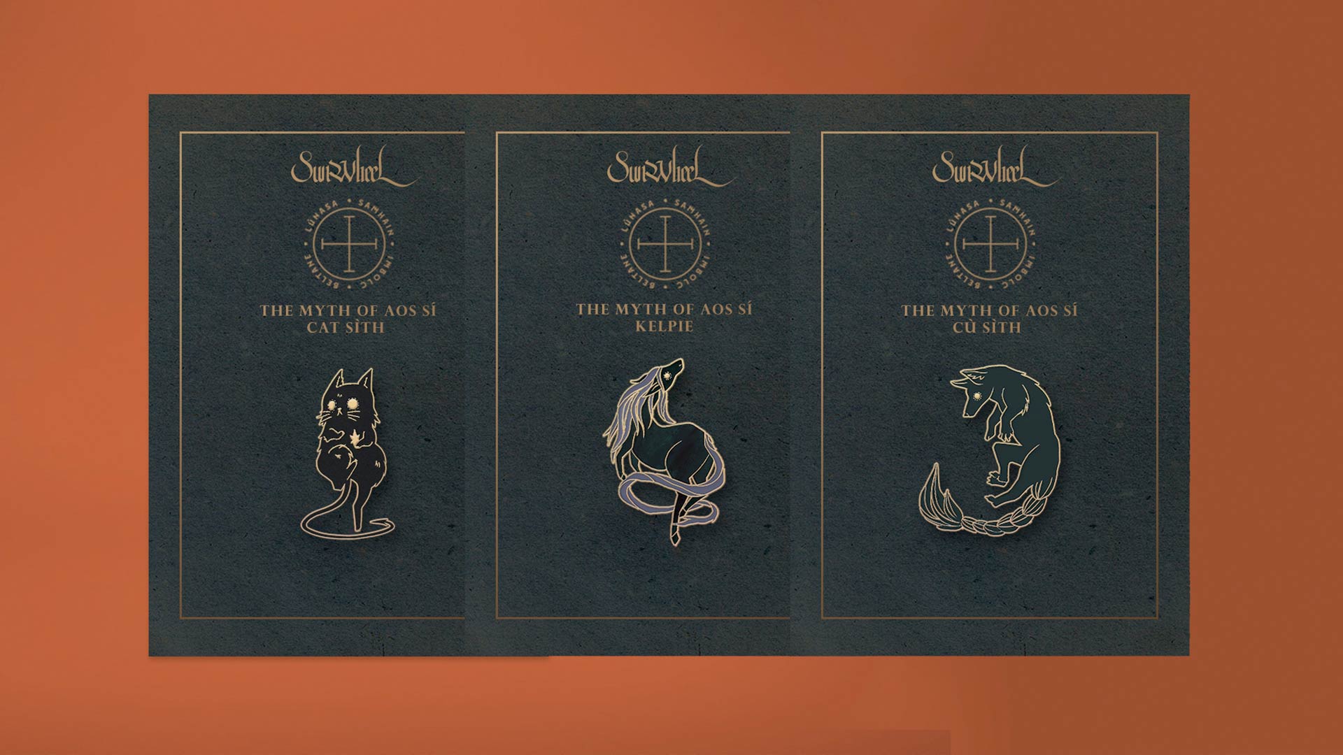 Three dark teal cards, each featuring gold text and symbols, are displayed against a burnt orange background. The left card shows a black cat silhouette with the text "THE MYTH OF AOS SÍ CAT SÍTH." The center card displays a white horse silhouette with the text "THE MYTH OF AOS SÍ KELPIE." The right card features a green fox silhouette with the text "THE MYTH OF AOS SÍ CU SÍTH." All cards have a gold border and circular emblems with crosses at their centers.