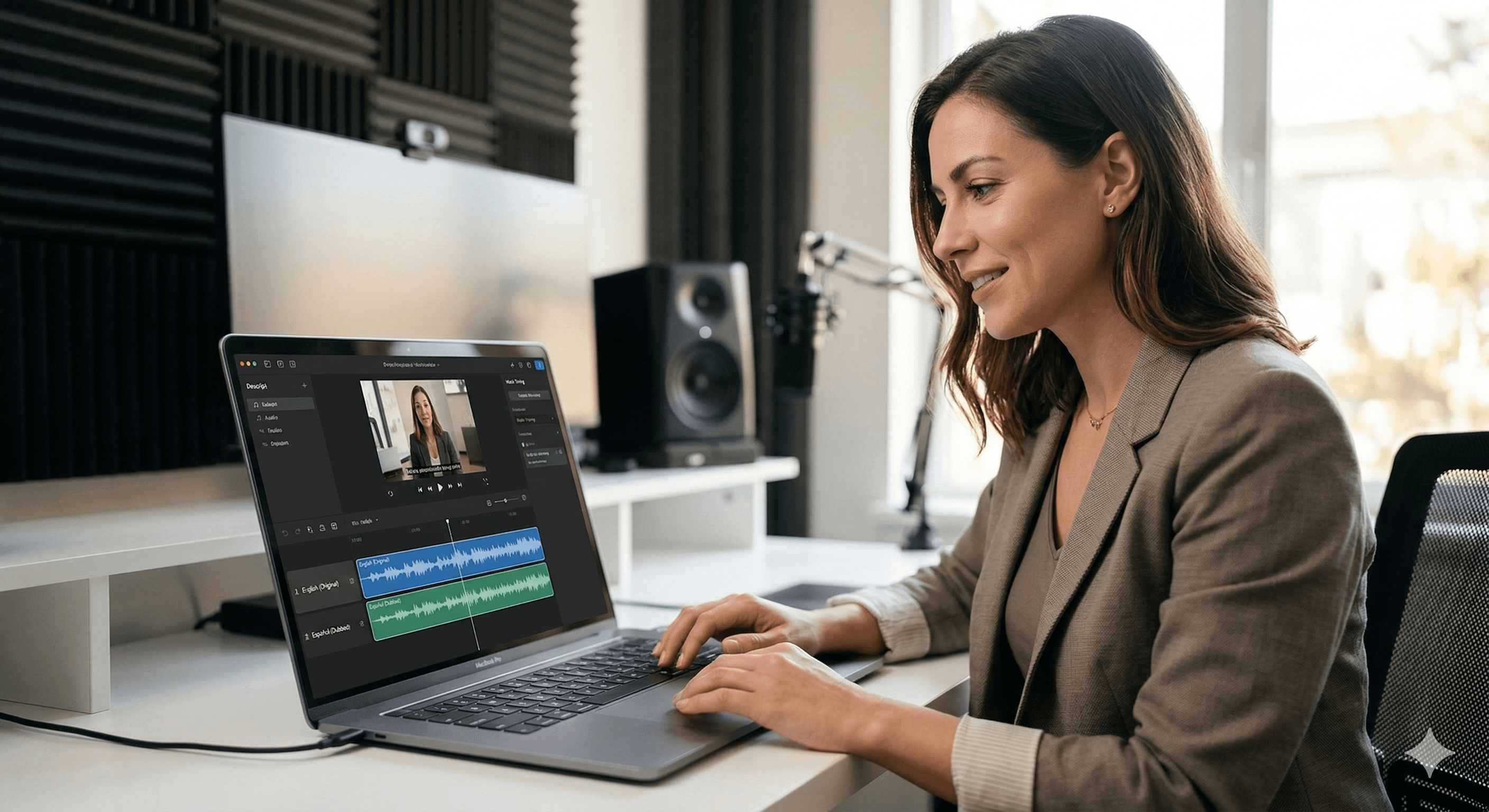 A woman in a blazer works on a laptop in a studio, editing a video timeline that displays audio waveforms, illustrating the concept of Descript multilingual dubbing and seamless AI localisation at scale.